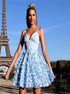 A Line 3D Appliques Sky Blue Short Prom Dress LBQ1777